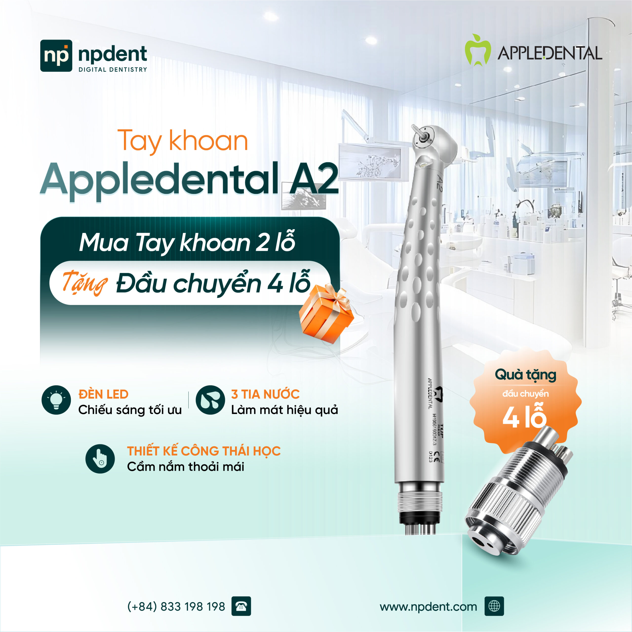 Chương trình khuyến mãi mua tay khoan Appledental A2 2 lỗ tặng đầu chuyển 4 lỗ